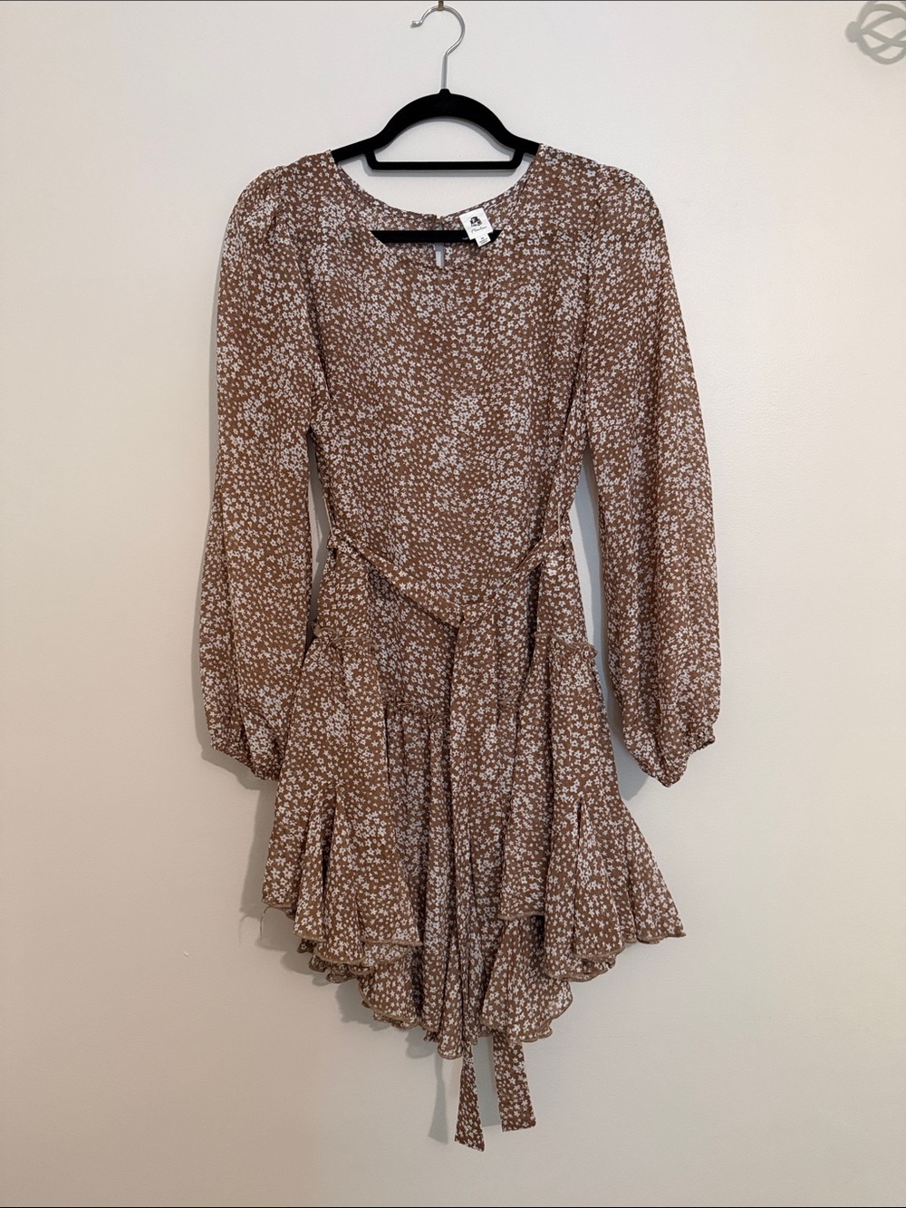 Mini Brown Floral Ruffle Sheer Long-Sleeve Dress